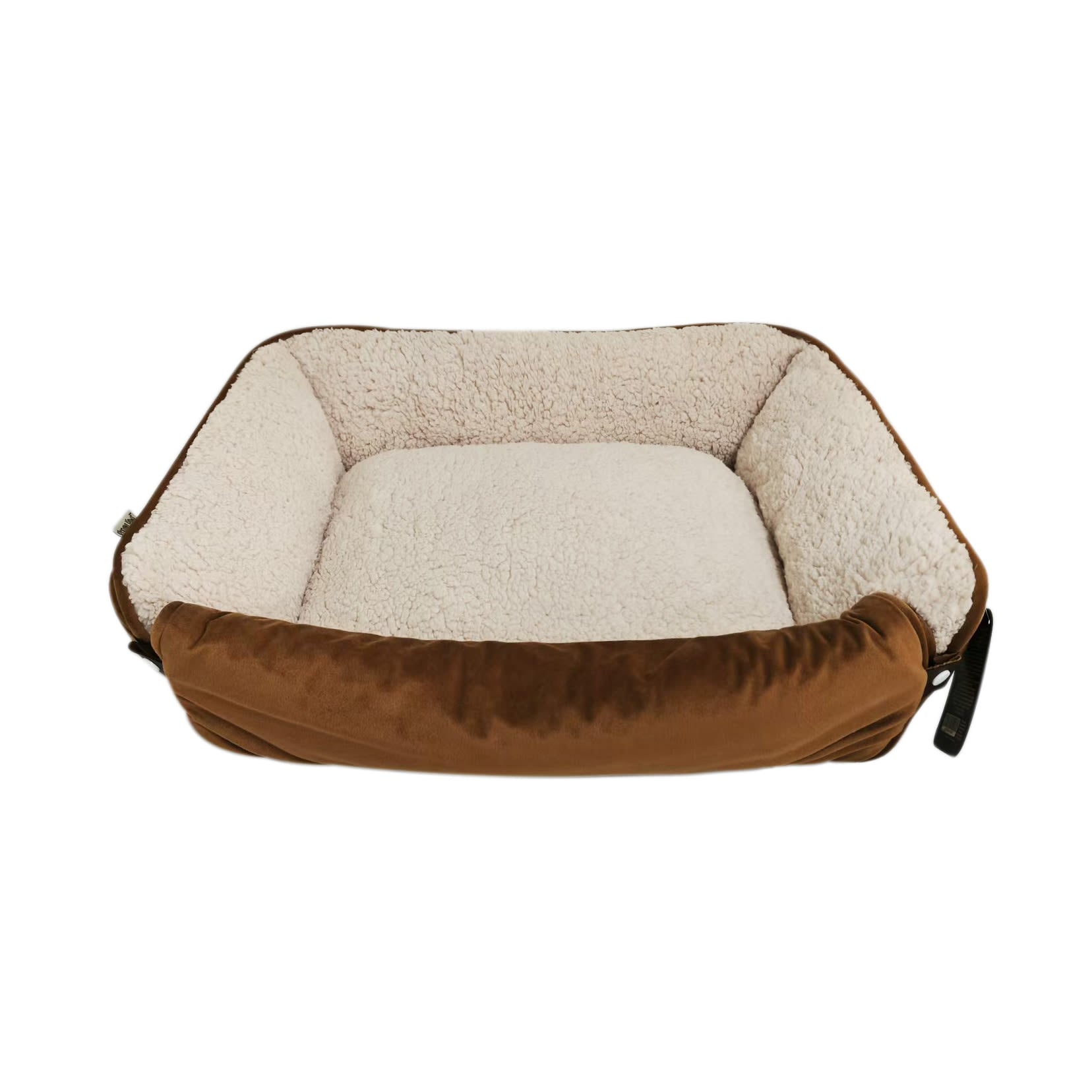 Front View of Dream Paws Brown Velvet Pet Sofa Bed with Fold-Out Blanket
