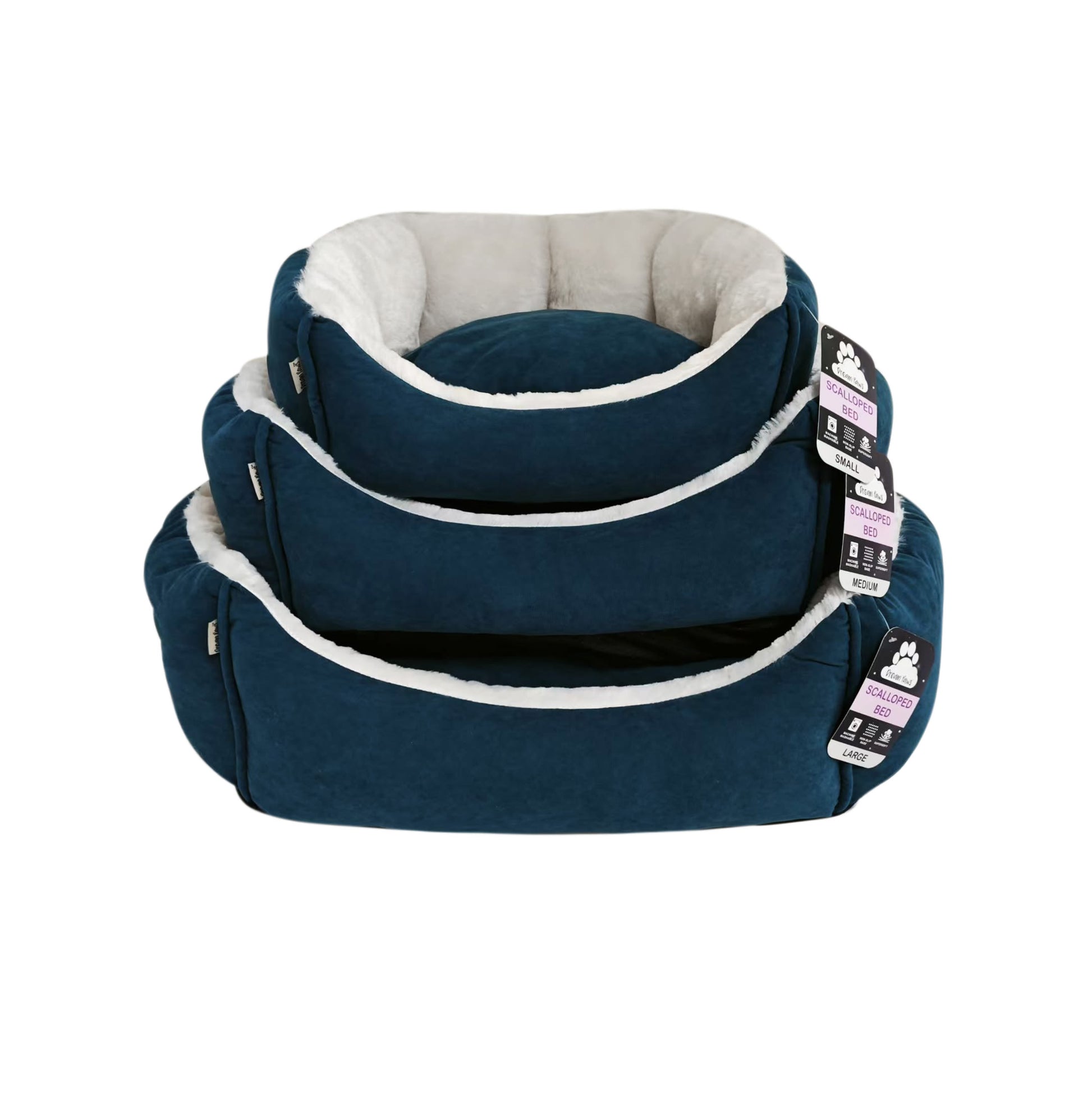 Front View of Dream Paws Soft Scalloped Blue Dog Bed