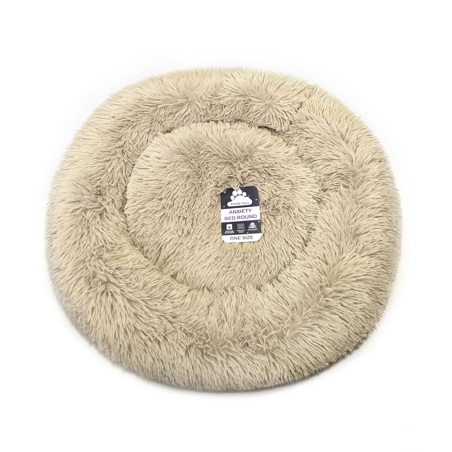 Front View of Dream Paws Round Anxiety Reducing Plush Pet Bed