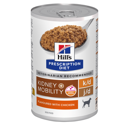 Front View of Hill's Prescription Diet k/d + Mobility Wet Dog Food with Chicken - 12 x 370g Can
