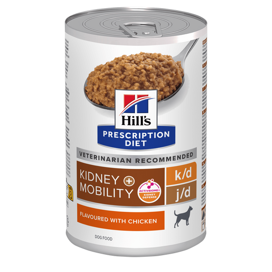 Front View of Hill's Prescription Diet k/d + Mobility Wet Dog Food with Chicken - 12 x 370g Can