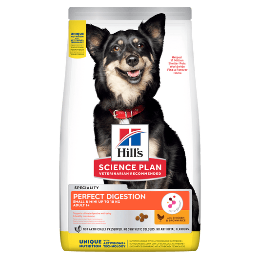 Front View of Hill's Science Plan Perfect Digestion Small & Mini Adult 1+ Dry Dog Food with Chicken & Brown Rice - 6kg Bag