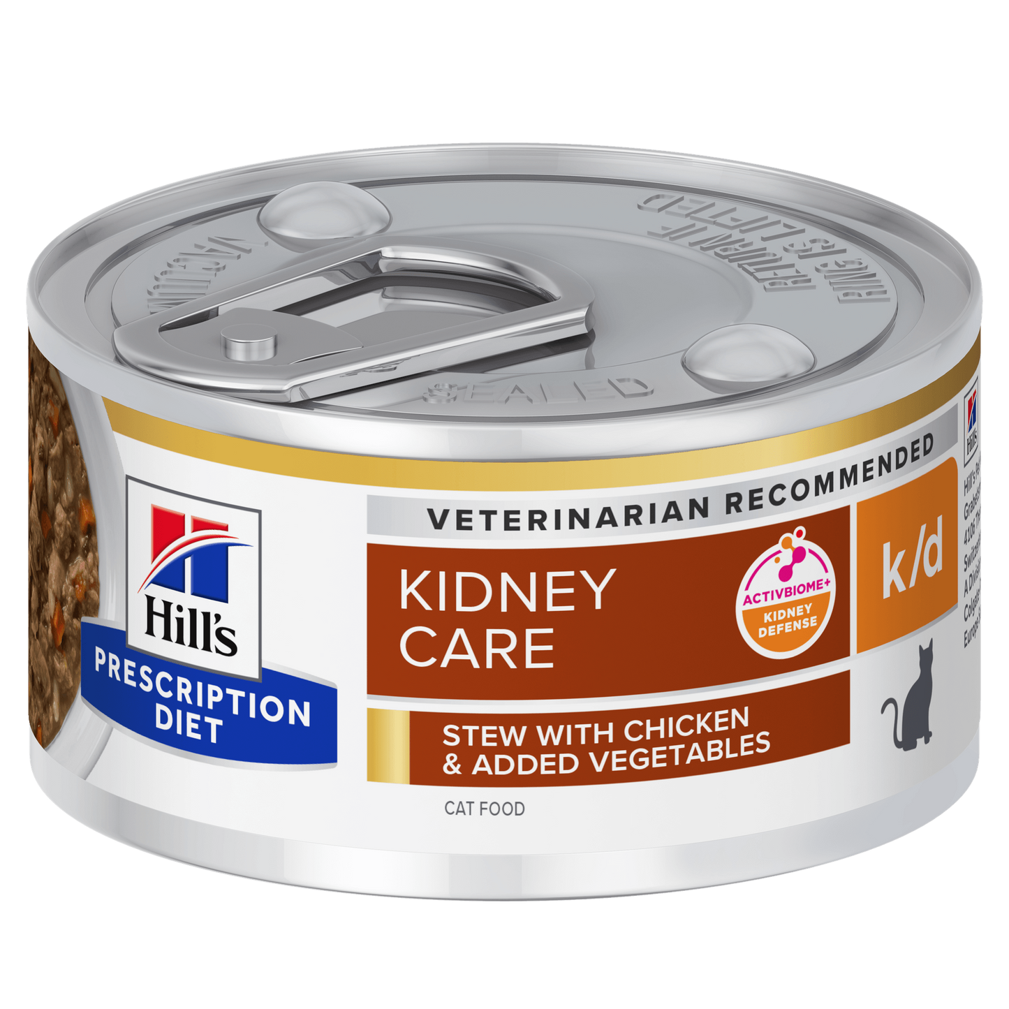 Front View of Hill's Prescription Diet k/d Kidney Care Stew Wet Cat Food with Chicken and added Vegetables - 24 x 82g Can