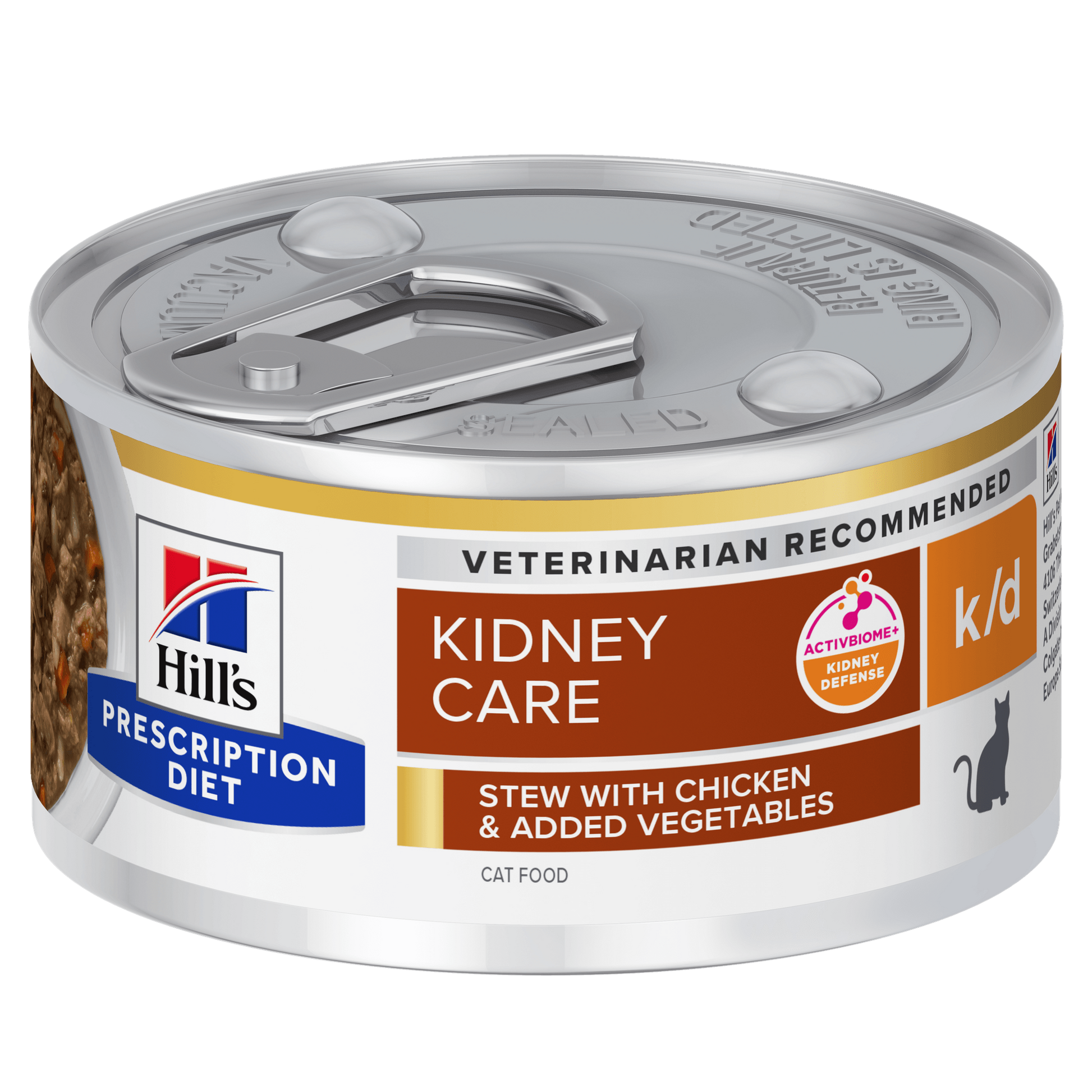 Front View of Hill's Prescription Diet k/d Kidney Care Stew Wet Cat Food with Chicken and added Vegetables - 24 x 82g Can