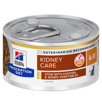 Front View of Hill's Prescription Diet k/d Kidney Care Stew Wet Cat Food with Chicken and added Vegetables - 24 x 82g Can