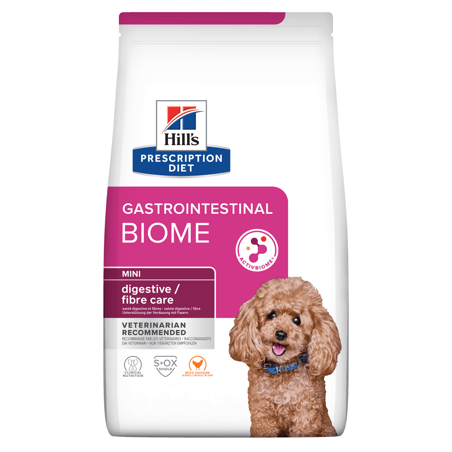 Front View of Hill’s Prescription Diet Gastrointestinal Biome Digestive/Fibre Care Mini Dry Dog Food with Chicken - 1kg Bag