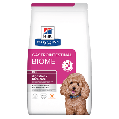 Front View of Hill’s Prescription Diet Gastrointestinal Biome Digestive/Fibre Care Mini Dry Dog Food with Chicken - 1kg Bag