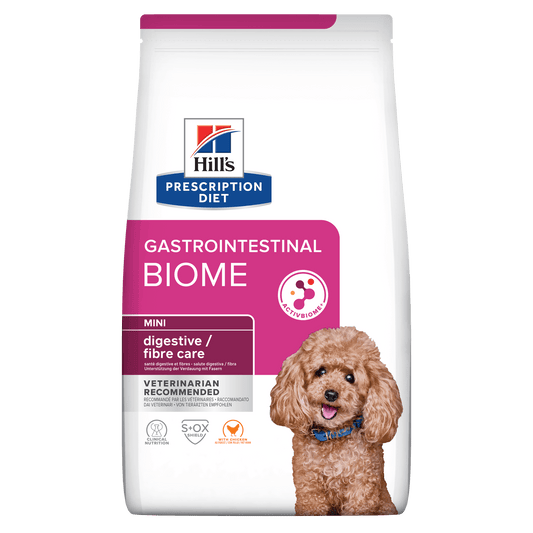 Front View of Hill’s Prescription Diet Gastrointestinal Biome Digestive/Fibre Care Mini Dry Dog Food with Chicken - 1kg Bag