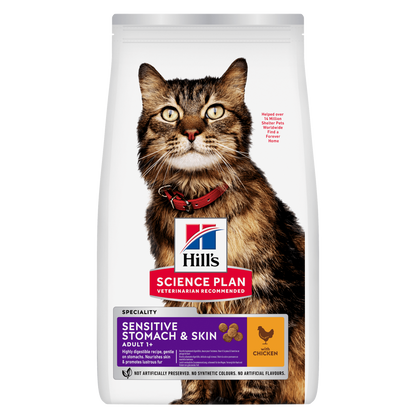 Front View of Hill's Science Plan Sensitive Stomach & Skin Adult Dry Cat Food with Chicken - 1.5kg