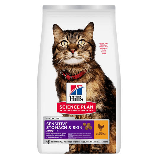 Front View of Hill's Science Plan Sensitive Stomach & Skin Adult Dry Cat Food with Chicken - 1.5kg