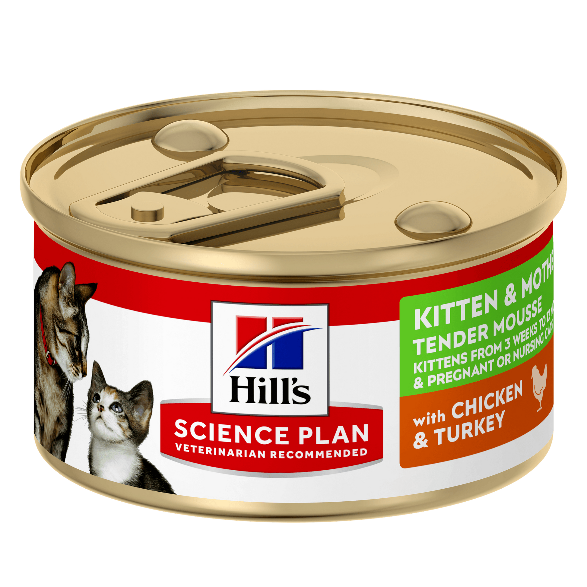Front View of Hill's Science Plan Kitten & Mother Tender Mousse Wet Food with Chicken & Turkey - 24 x 85g Can