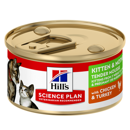 Front View of Hill's Science Plan Kitten & Mother Tender Mousse Wet Food with Chicken & Turkey - 24 x 85g Can
