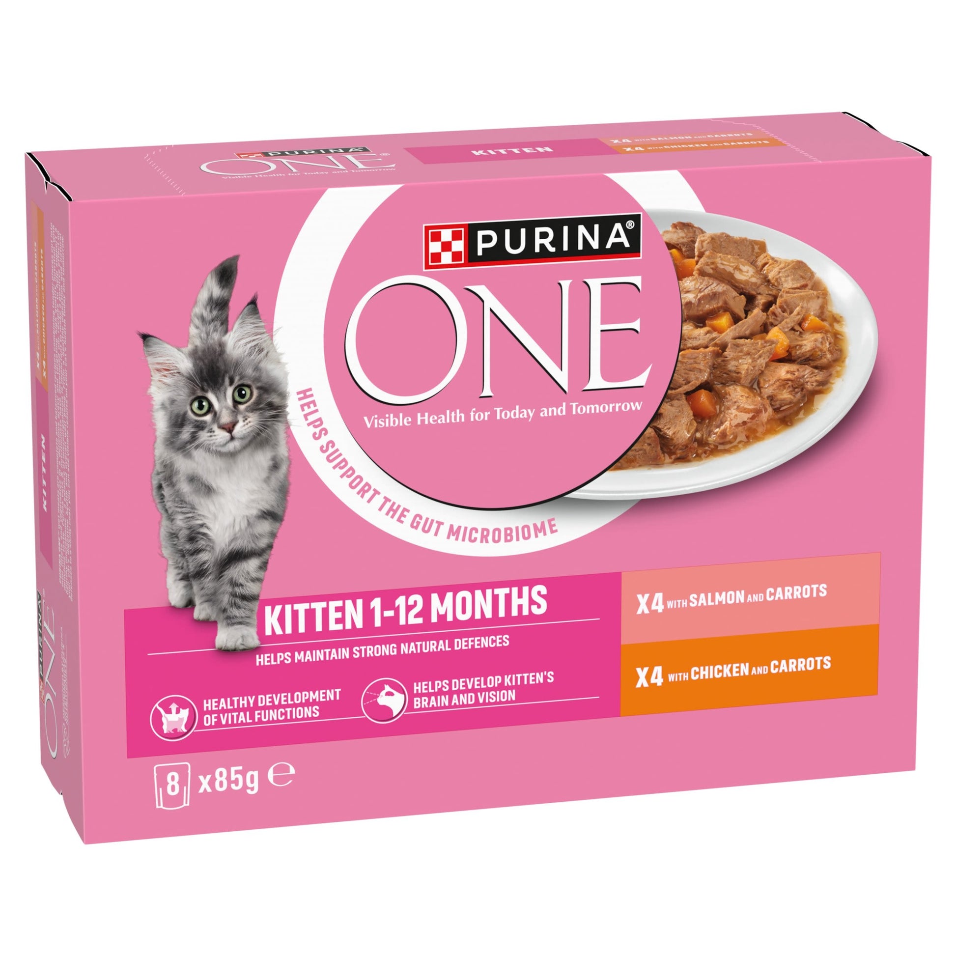 Front View of Purina One Kitten Mini Fillets Salmon and Chicken Wet Cat Food - 8 x 85g