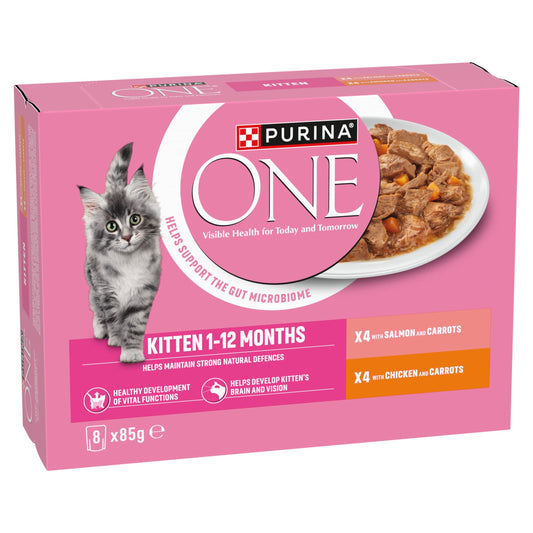 Front View of Purina One Kitten Mini Fillets Salmon and Chicken Wet Cat Food - 8 x 85g