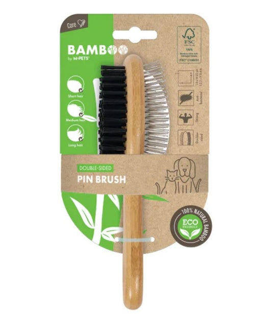 Front View of M-Pets Bamboo Double-Sided Pin Pet Brush