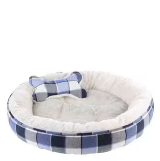 Front View of Dream Paws Blue Check Pet Bundle Bed With Blanket and Toy - 56cm