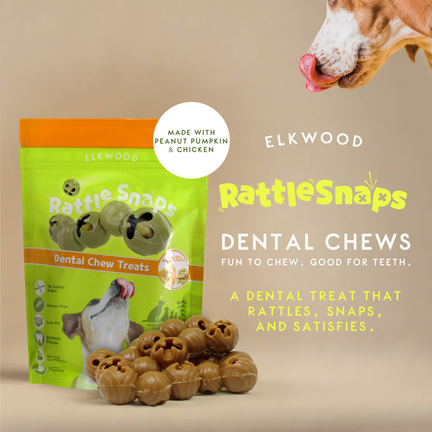 Elkwood Rattlesnaps Peanut & Pumpkin Dental Chew with Chicken